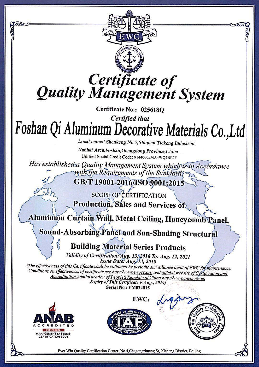 Certificate of  Quality Management System