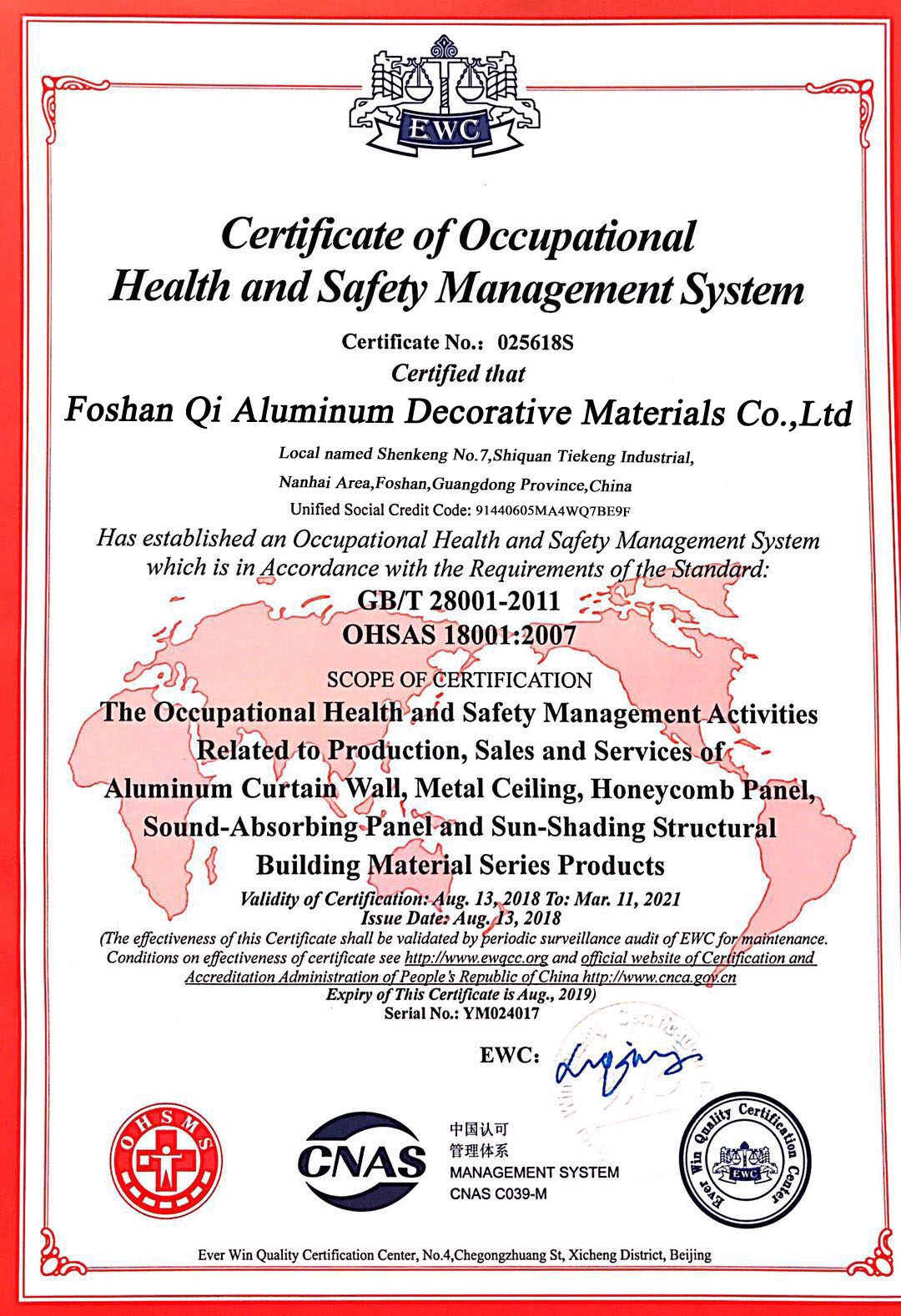 Certificate of Occupational Health and Safety Management System