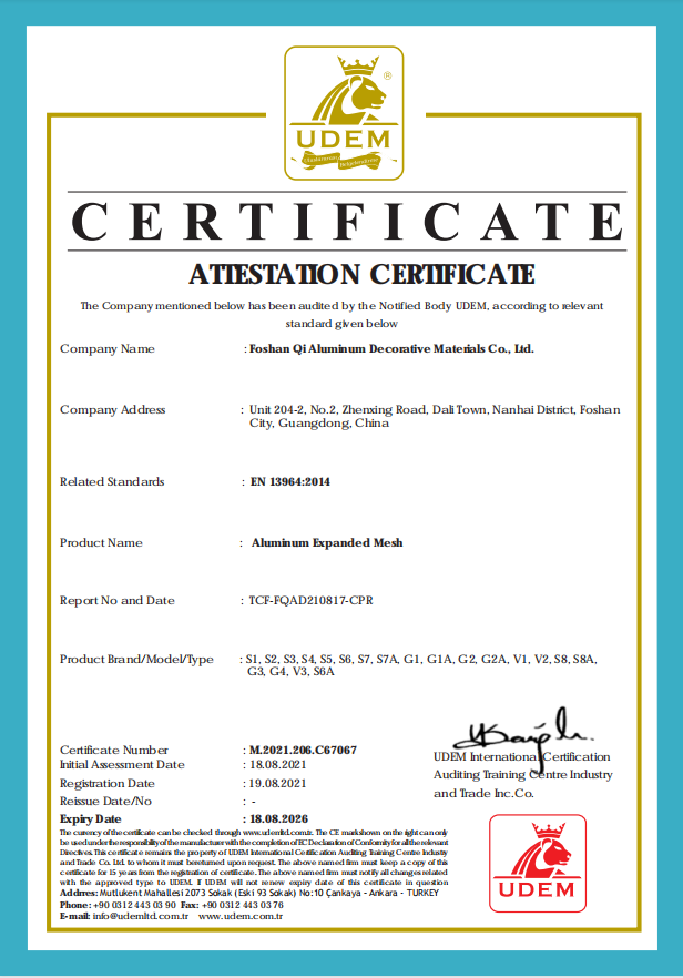Aluminum Expanded  Mesh Attestation Certificate